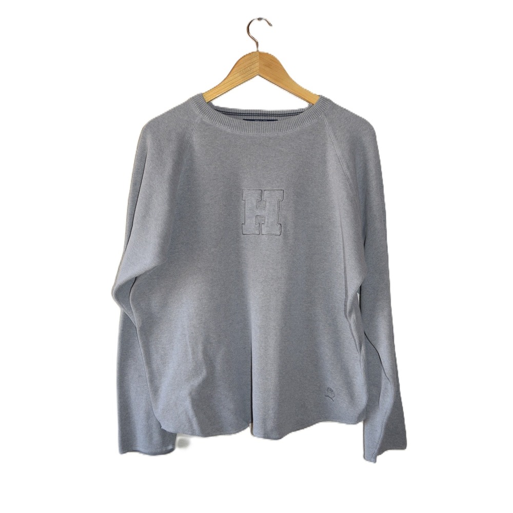 Tommy Hilfiger Knit Top Mens Large Gray Excellent Tonal H Logo Raglan Cotton